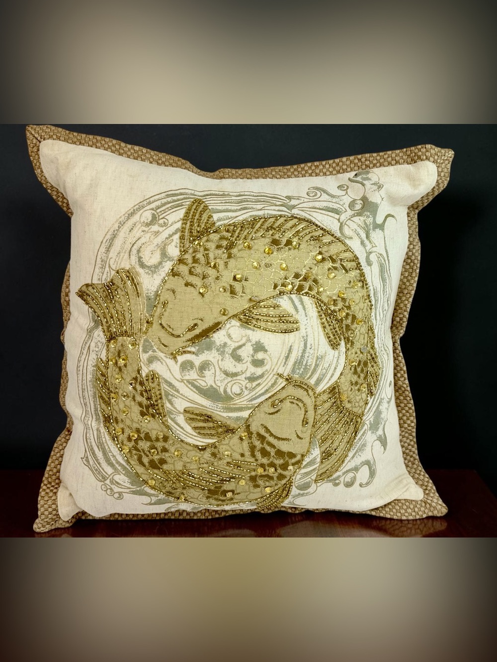 Pier 1 Imports Beaded Koi Fish Decorative Throw Pillow 18x18 Cream Gold Multi